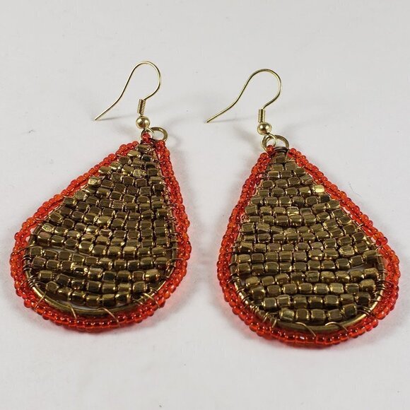 Women's Gold tone Criss-Crossed Wired Hoop - Colorful Beads Teardrop Earrings - Picture 1 of 3